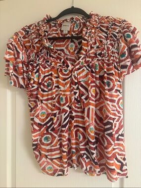 Maeve Multicolor Geometric Smocked Short-Sleeve Blouse